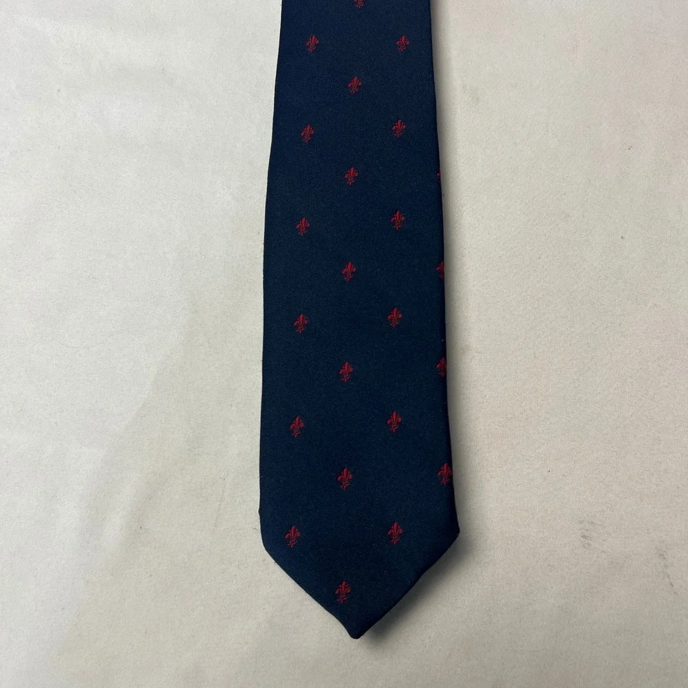 Oscar de la Renta Necktie Harry Mayer Blue‎ Red Fleur de Lis Mens Tie